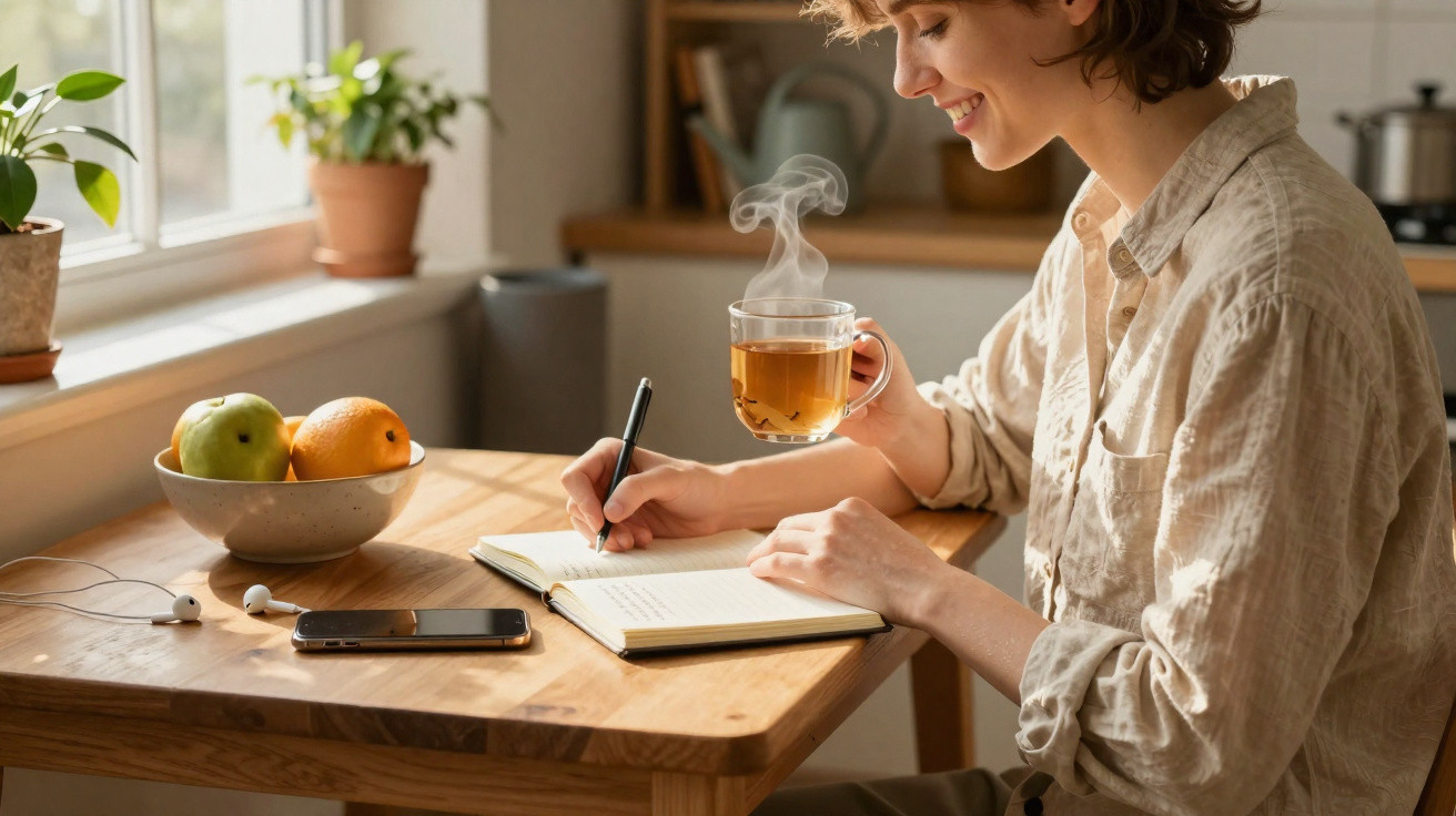 Mulher sorridente a escrever num caderno com chá quente numa cozinha iluminada e plantas na janela.