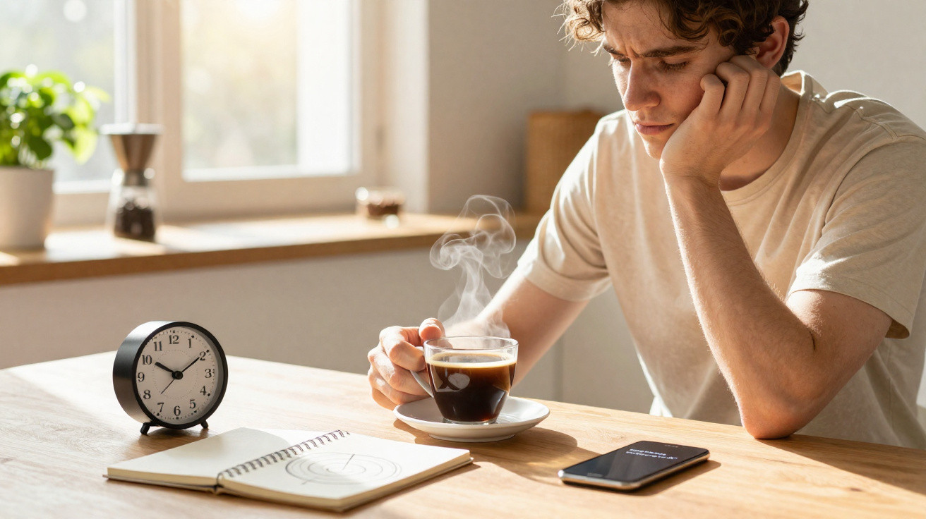 Jovem pensa enquanto segura chávena de café fumegante, numa mesa com relógio, caderno aberto e telemóvel.