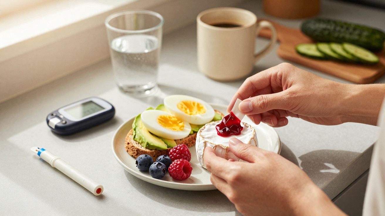 Pequeno-almoço saudável com ovo, abacate, frutos vermelhos, queijo, chá e aparelho de medição de glicose.