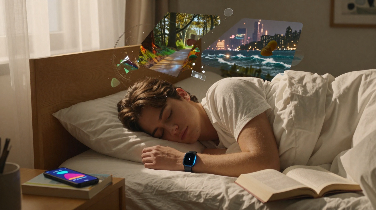 Homem a dormir na cama com sonhos visuais de natureza e cidade à noite flutuando sobre ele.