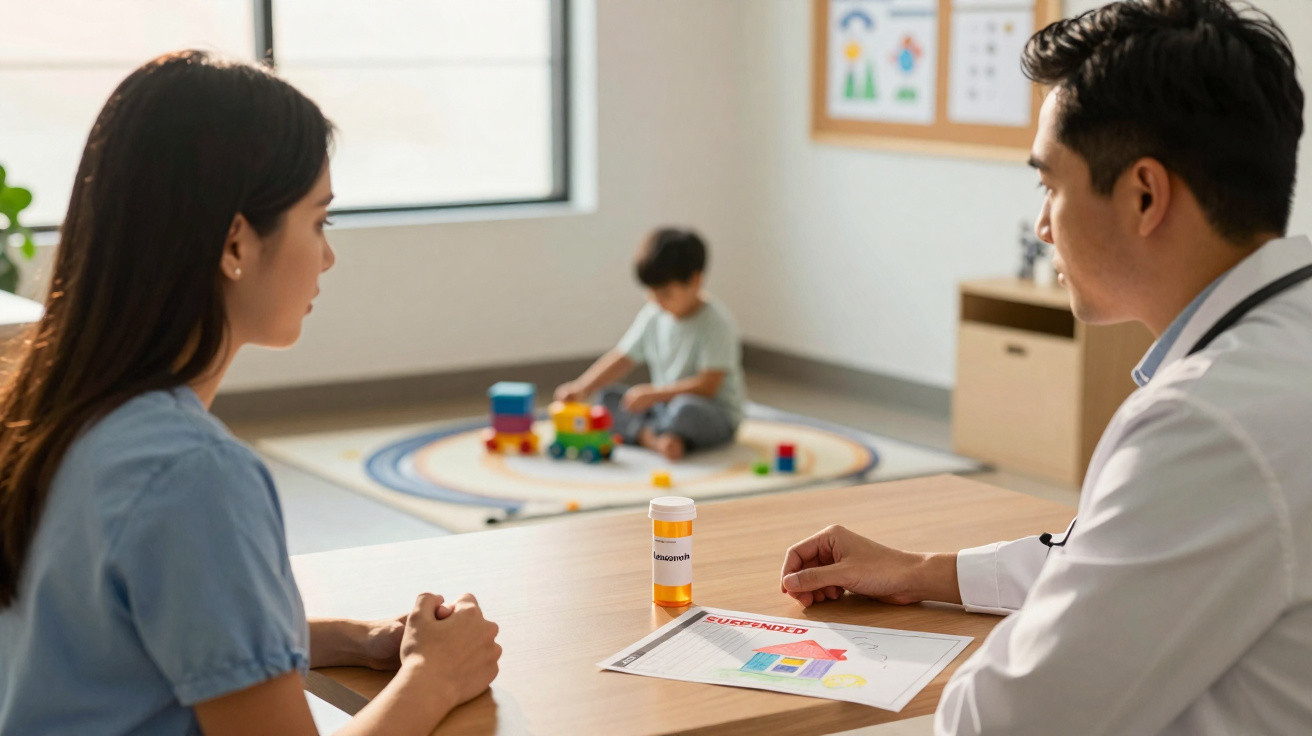 Médico conversa com mulher numa consulta enquanto criança brinca com brinquedos educativos ao fundo.