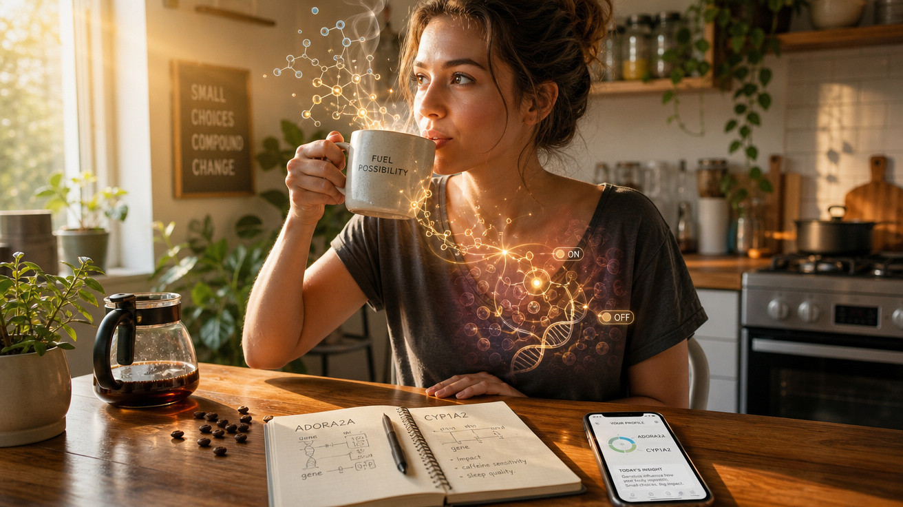 Mulher a beber café numa cozinha, com elementos digitais de ciência e genética visíveis no ambiente.