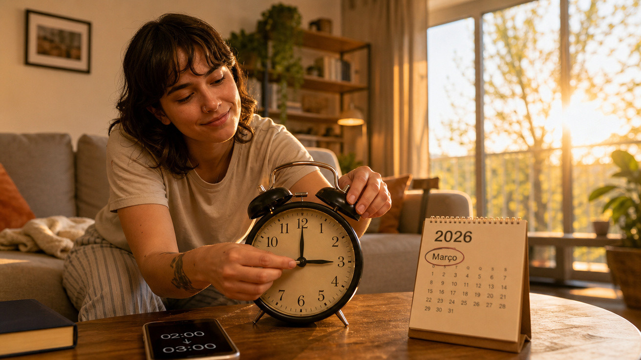 Mulher ajusta despertador num ambiente acolhedor com calendário de março 2026 e luz do pôr do sol.