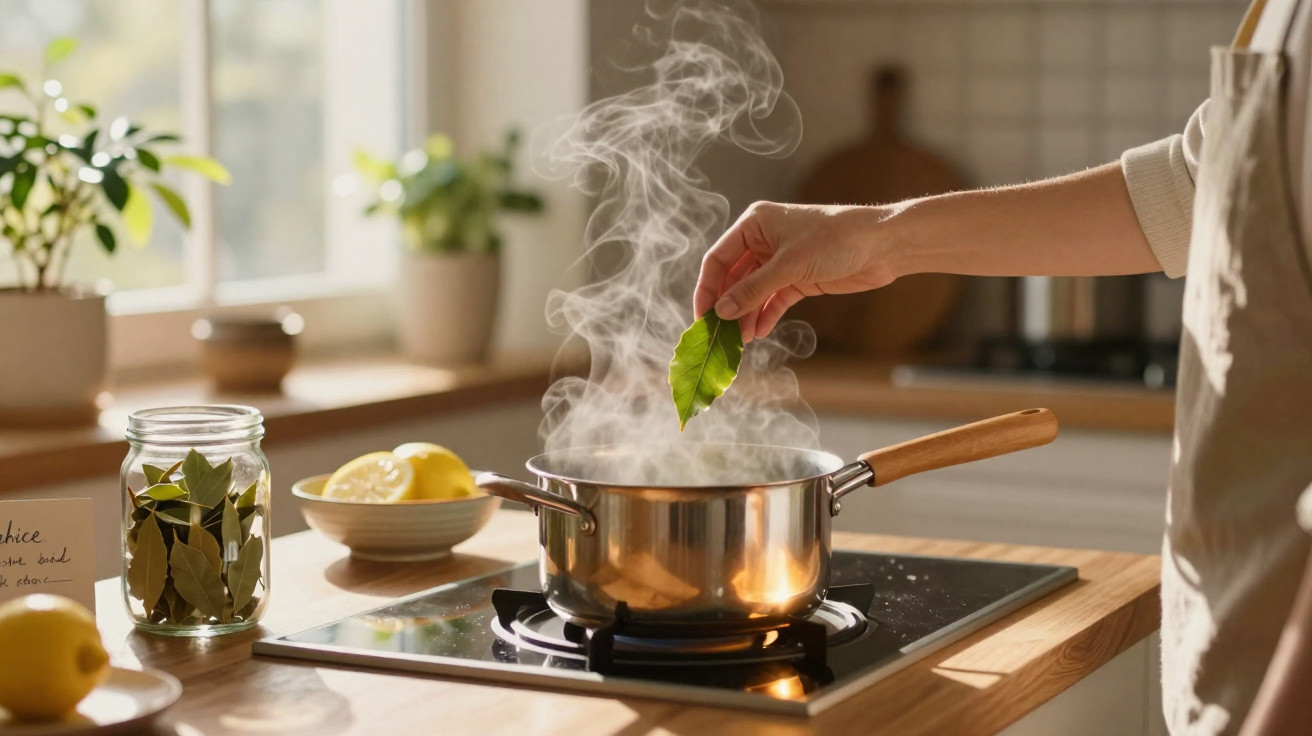 Mão a colocar folha numa panela a ferver num fogão numa cozinha iluminada com limões e jarro de ervas.