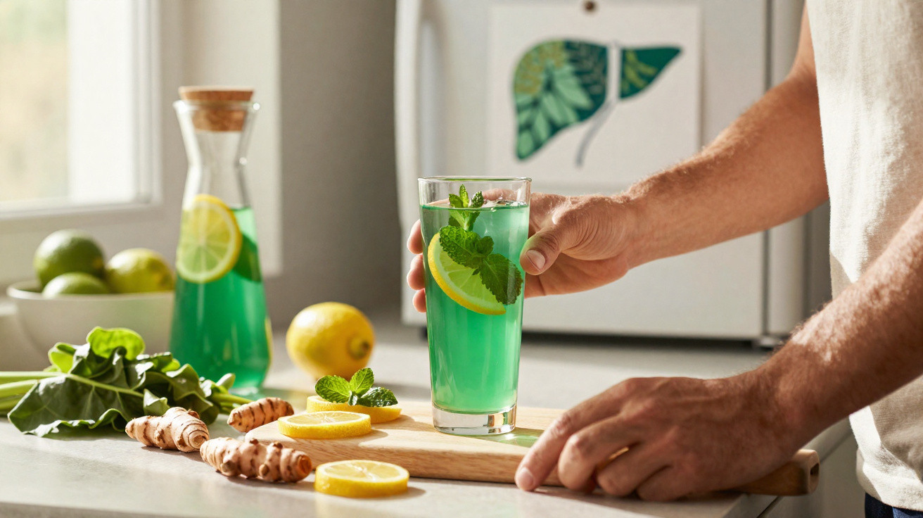 Pessoa a segurar copo com bebida verde, fatias de limão e hortelã, ao lado de legumes e fruta na cozinha.