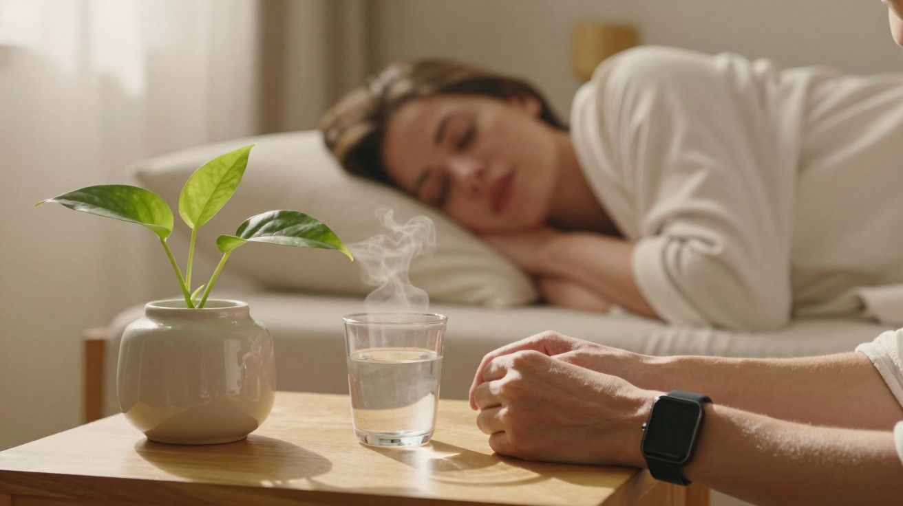 Mulher de olhos fechados deitada com uma mão junto a copo de água quente e vaso com planta numa mesa.