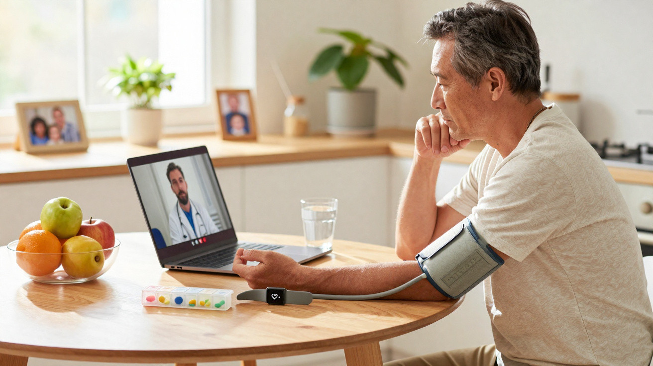 Homem a fazer teleconsulta médica e a medir a tensão arterial em casa, sentado à mesa da cozinha.