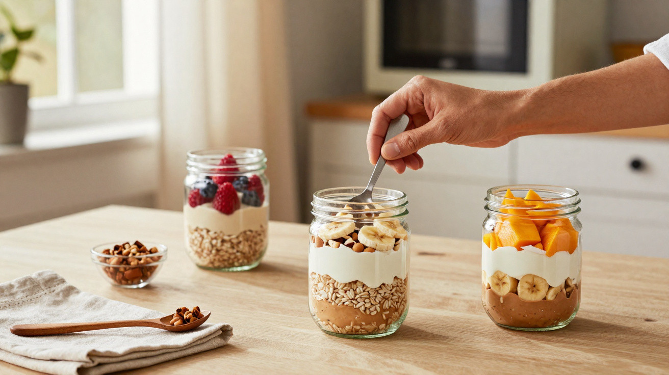 Três frascos com camadas de aveia, iogurte, frutos secos e fruta fresca numa bancada de cozinha.