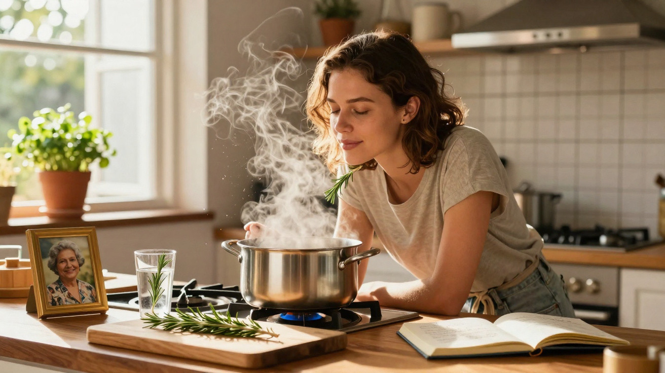 Mulher a cheirar alecrim fresco enquanto cozinha numa panela a ferver numa cozinha luminosa.