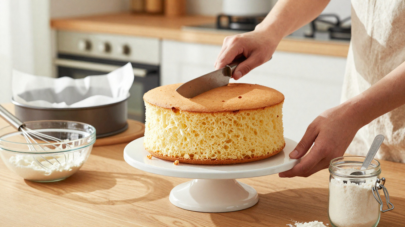 Pessoa a cortar um bolo esponjoso sobre suporte branco numa cozinha com utensílios de pastelaria.