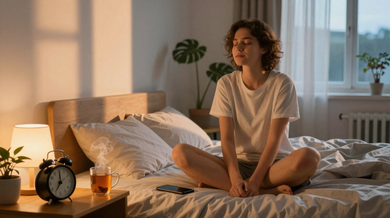 Mulher sentada de pernas cruzadas em cama, olhos fechados, num quarto iluminado com luz quente e chá na mesa.