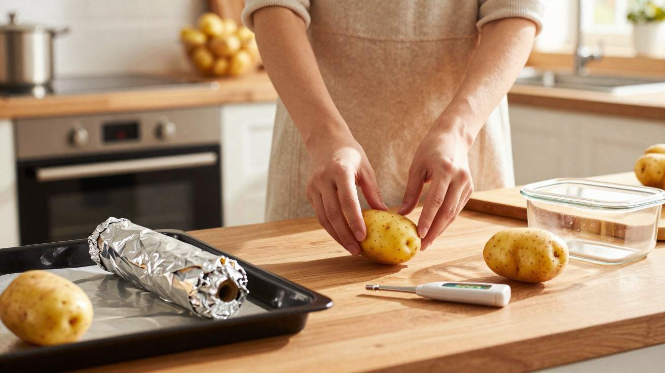 Pessoa a preparar batatas numa bancada de cozinha com tabuleiro forrado com papel alumínio.