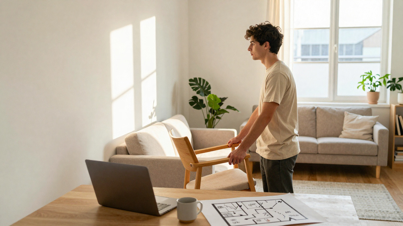 Jovem a segurar cadeira numa sala com sofá, plantas e mesa com computador, caneca e planta baixa.