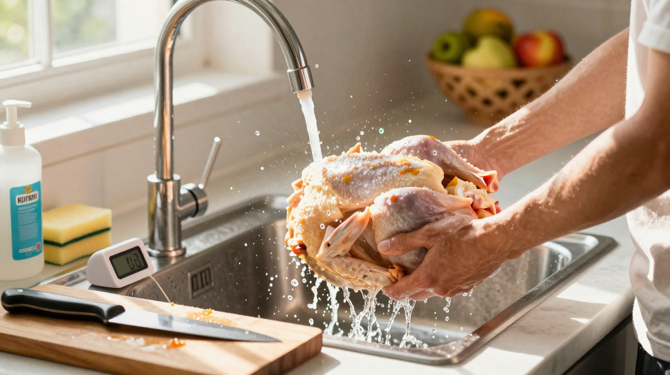 Pessoa a lavar um frango cru na torneira da cozinha, com faca e termómetro numa tábua próxima.