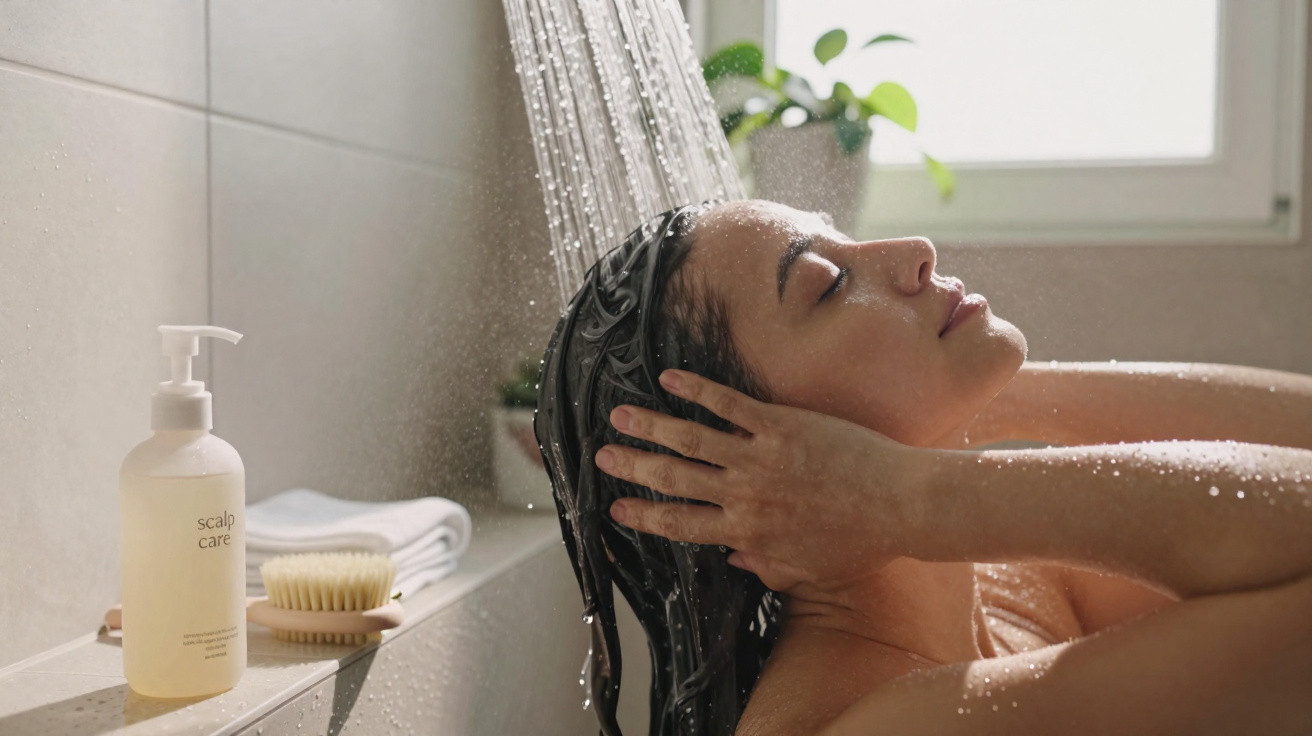 Mulher a lavar o cabelo na banheira com água a cair do chuveiro, com produtos de cuidados ao lado.