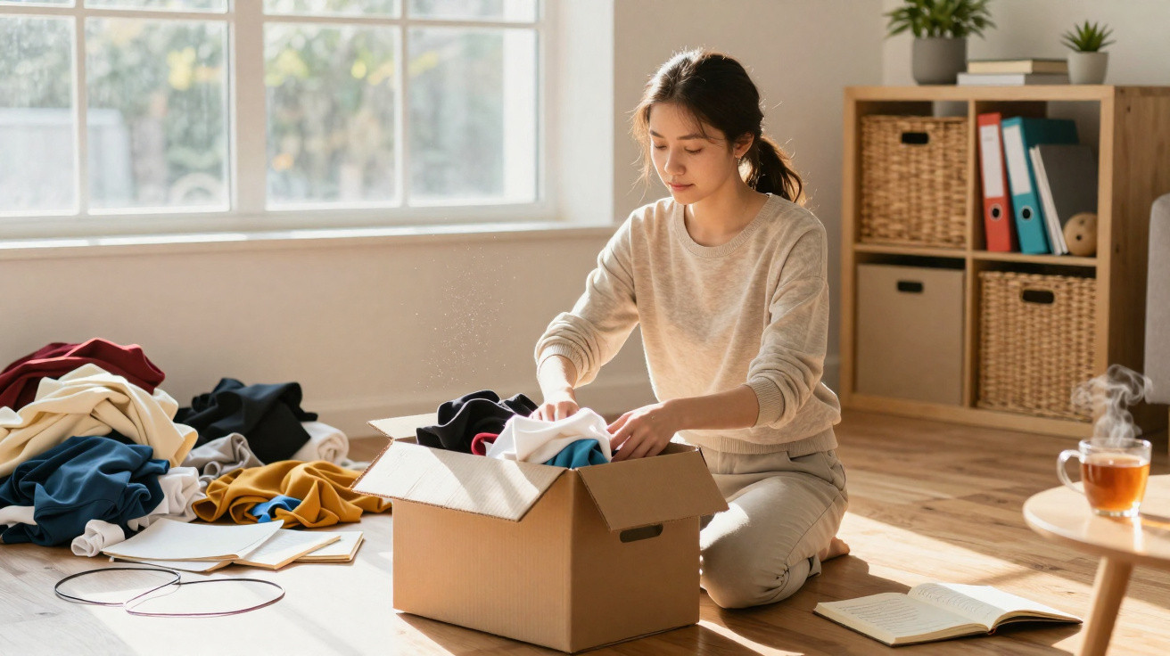 Mulher sentada no chão a arrumar roupas numa caixa de cartão, com chá e livros à sua volta.