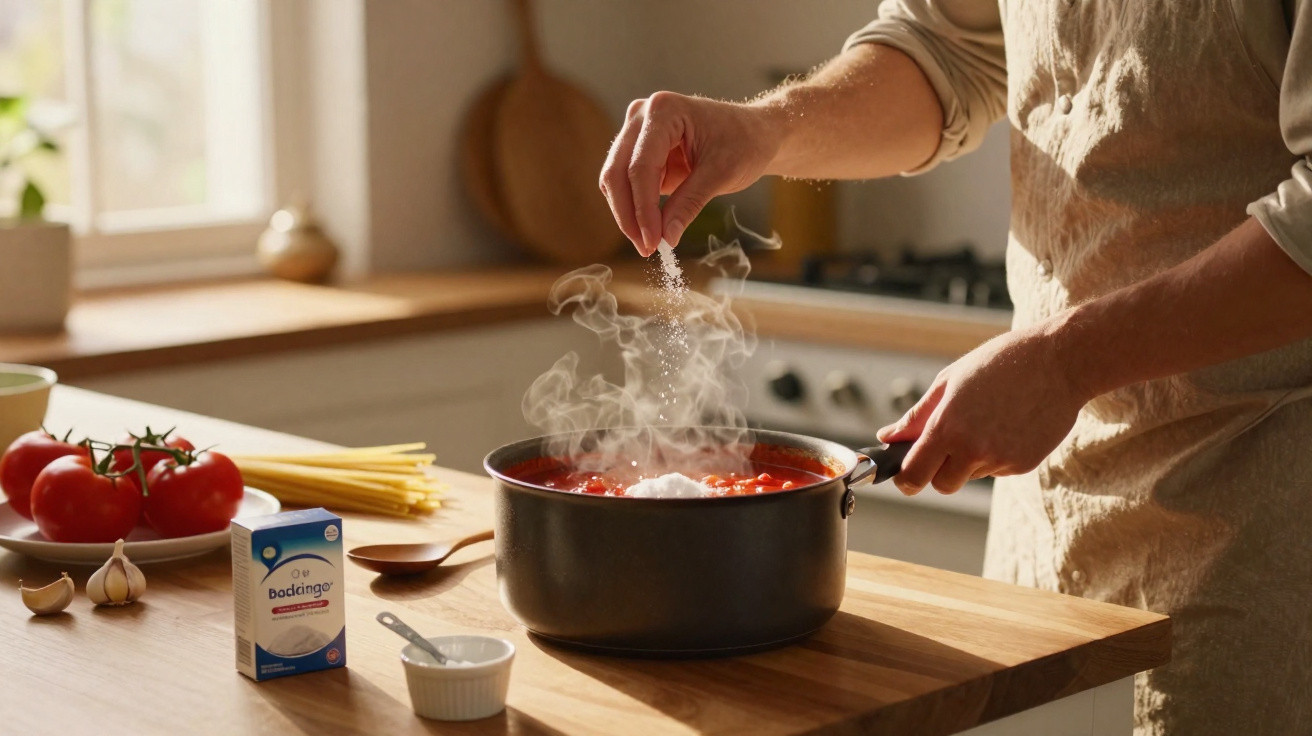Pessoa a temperar molho de tomate quente numa panela numa cozinha iluminada, com ingredientes à volta.