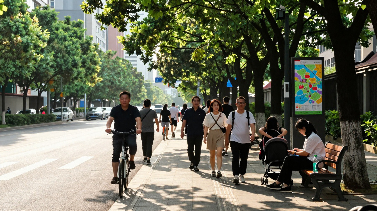 Pessoas a caminhar e a andar de bicicleta numa avenida arborizada com árvores e bancos em dia soalheiro.