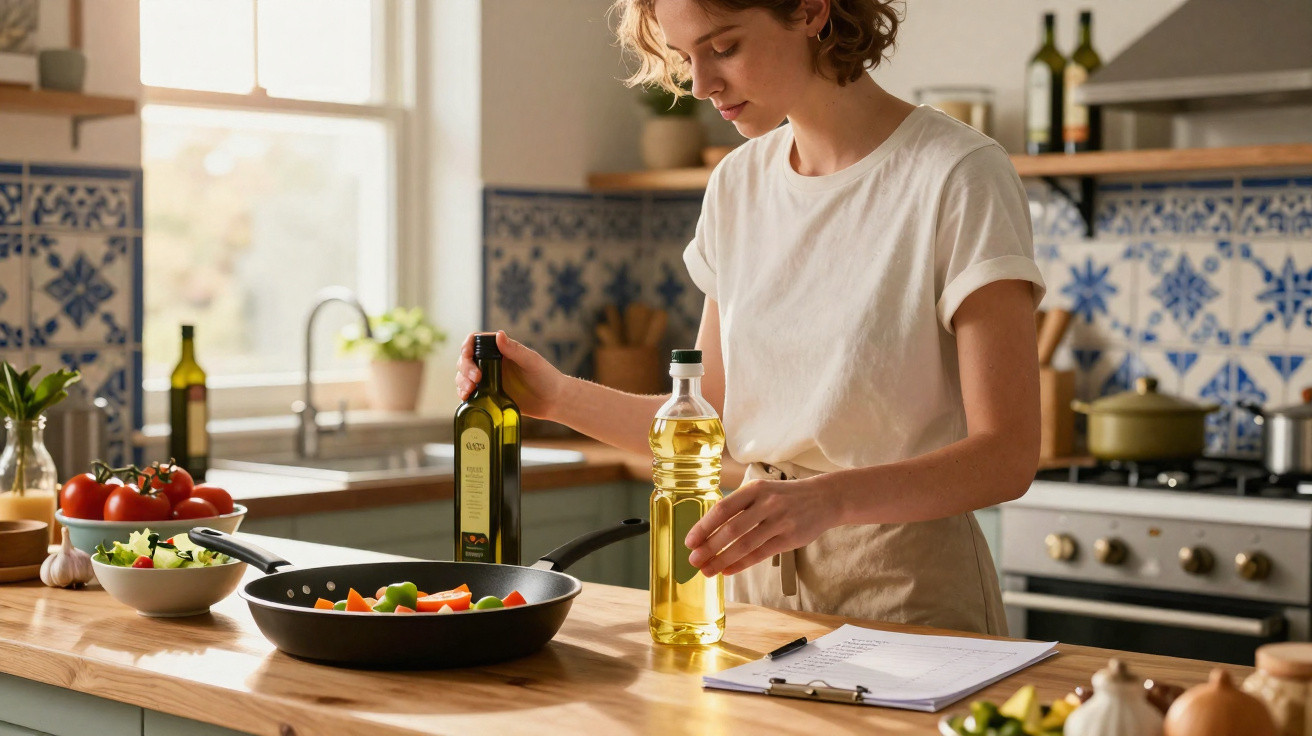 Jovem a cozinhar legumes numa frigideira numa cozinha luminosa com azulejos tradicionais.