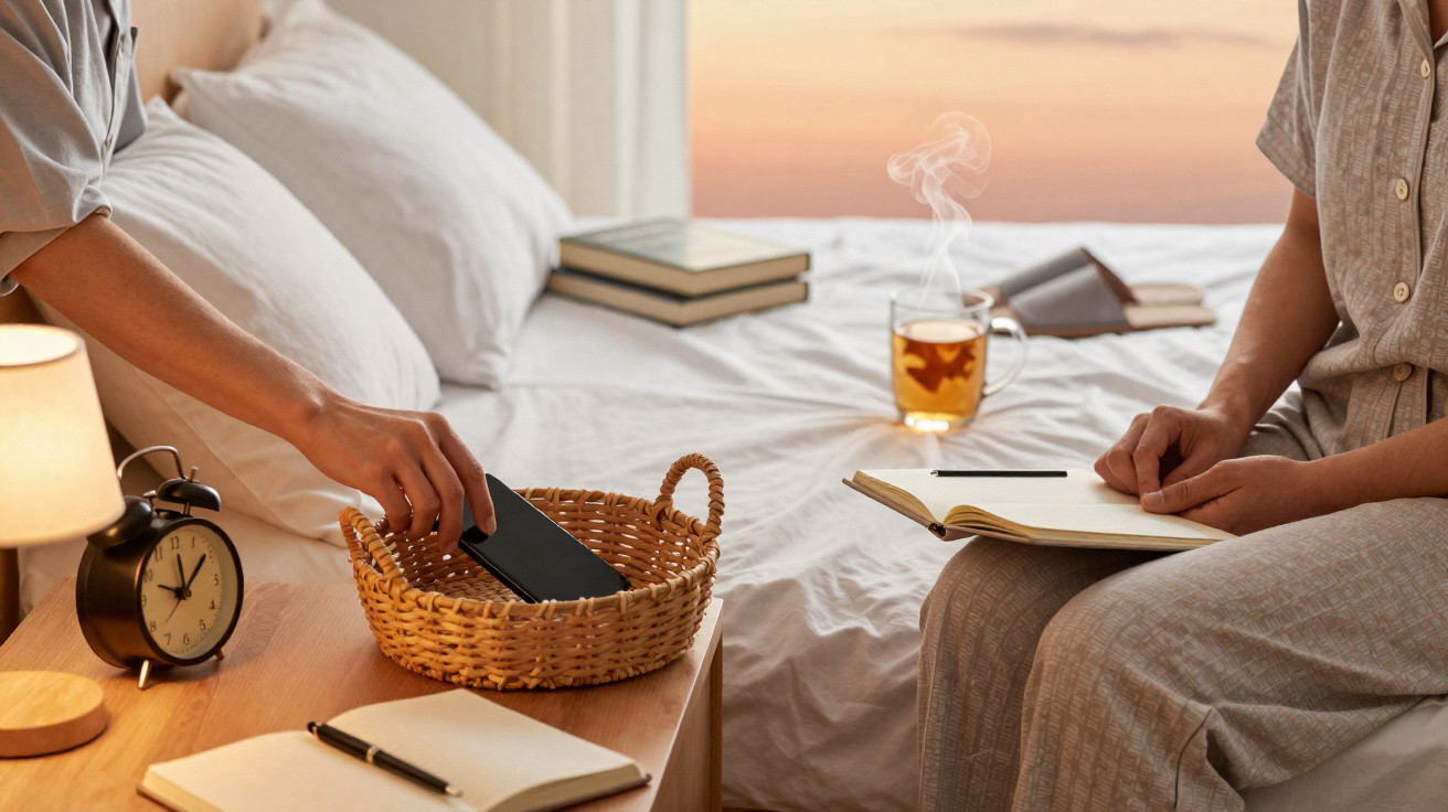 Pessoa a guardar telemóvel numa cesta ao lado da cama com luz suave e chá sobre a cama ao entardecer.