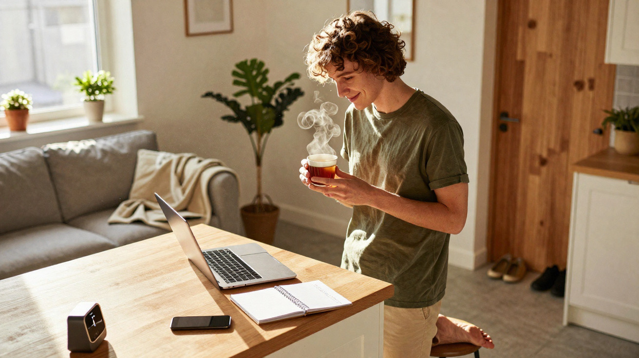 Pessoa de pé numa cozinha a segurar chá quente, sorrindo, com computador e caderno numa bancada de madeira.