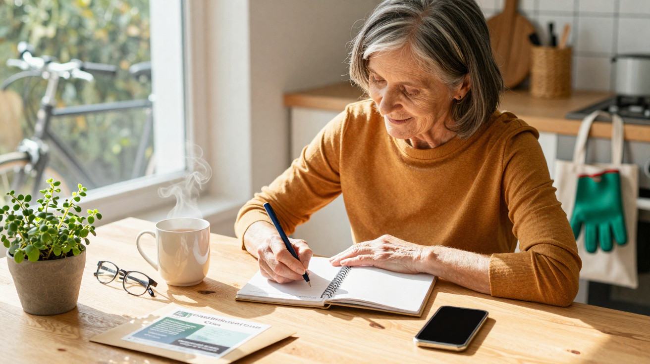 Mulher sénior a escrever num caderno, sentada à mesa com chá quente, planta, telemóvel e óculos.