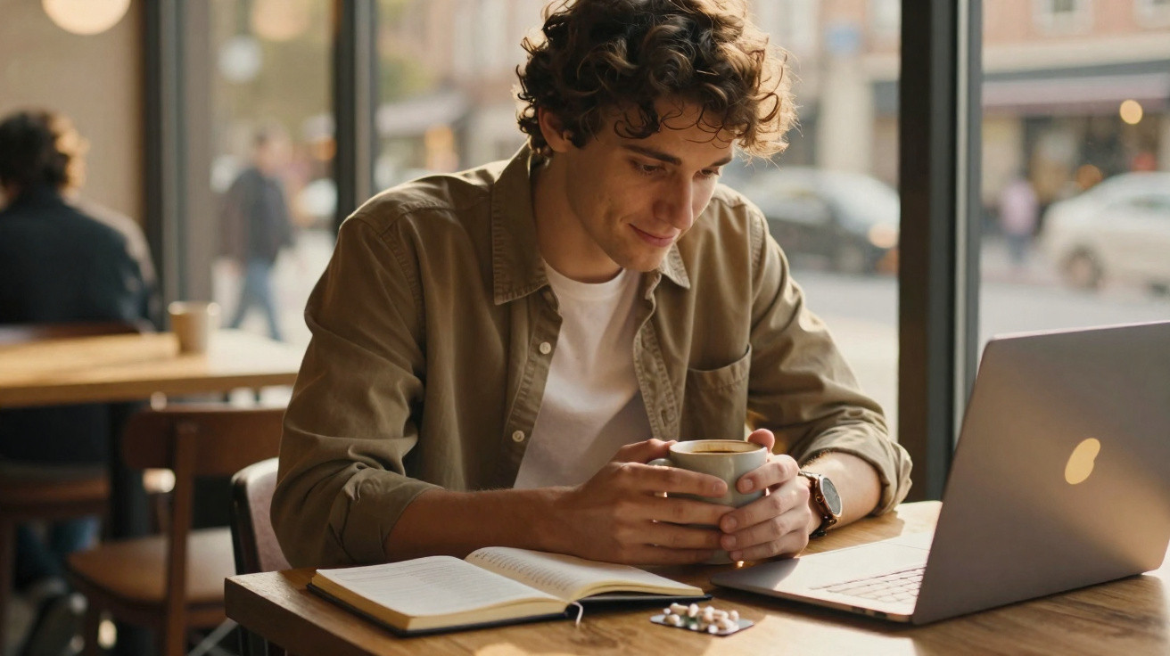 Homem jovem a beber café e a estudar num café, com livro aberto e computador portátil à sua frente.