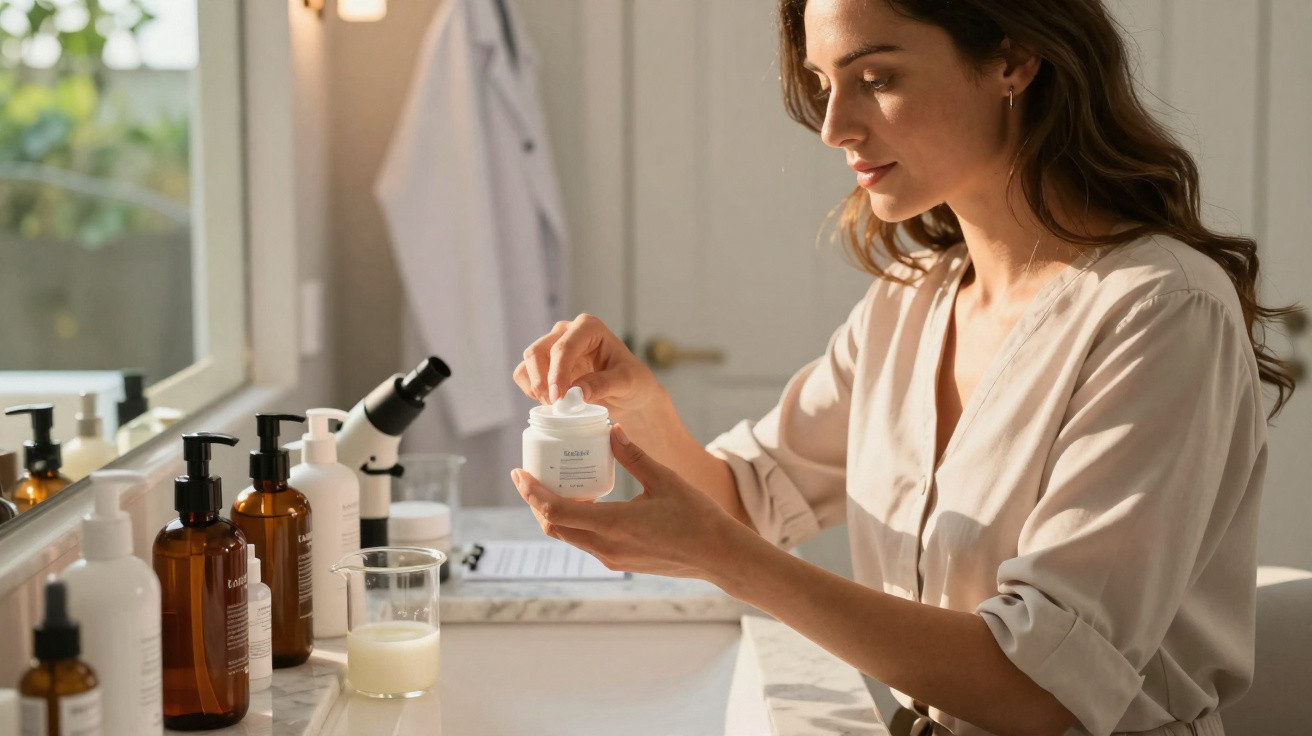 Mulher a aplicar creme facial num ambiente luminoso com vários frascos de cosméticos à frente.