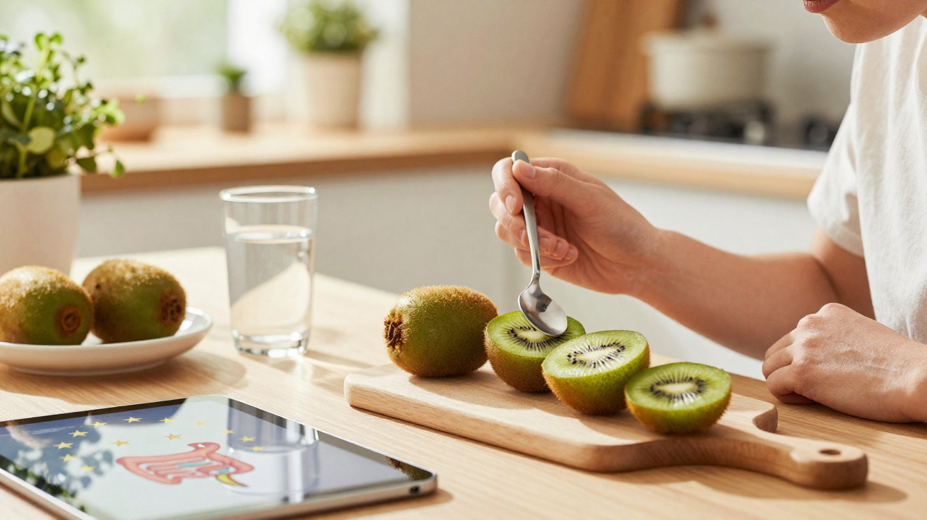 Pessoa a comer kiwi cortado com colher numa cozinha, com copo de água e tablet na mesa.