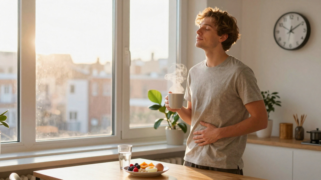 Jovem a desfrutar de uma bebida quente numa cozinha iluminada pela luz do sol da manhã.
