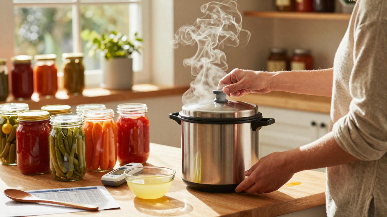 Pessoa a levantar a tampa de uma panela a ferver numa cozinha com frascos de conservas à volta.