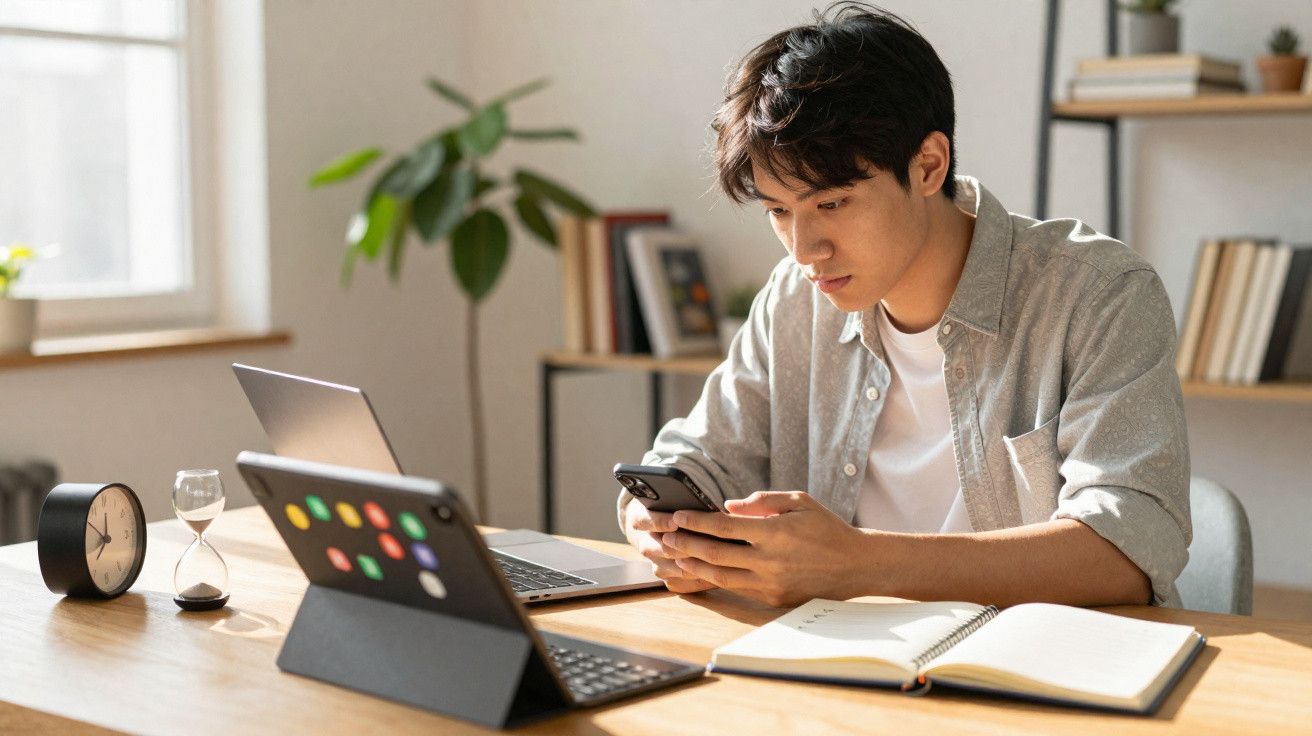 Jovem sentado a estudar em casa com tablet, computador e telefone na secretária iluminada pela luz natural.