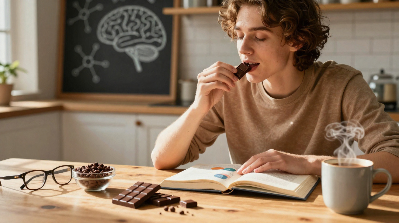 Jovem a comer chocolate enquanto estuda com livro aberto e chá quente numa mesa de madeira.