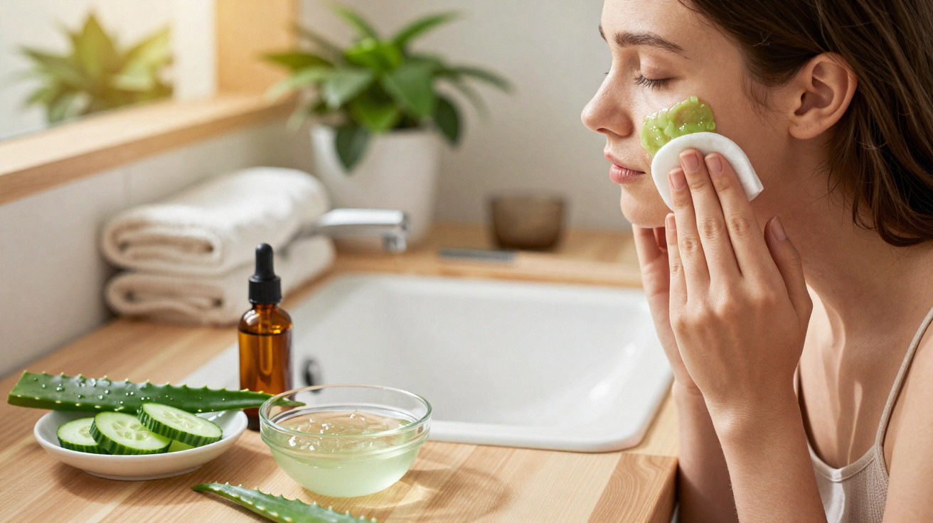Mulher a aplicar gel natural de aloe vera no rosto com disco de algodão junto a rodelas de pepino e óleo facial.