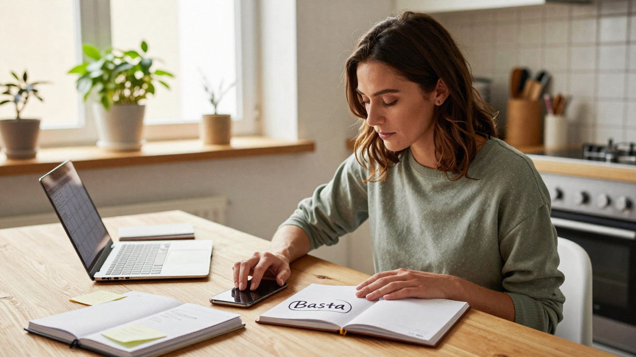 Mulher sentada numa cozinha, usando telemóvel, com caderno aberto com a palavra "Basta".