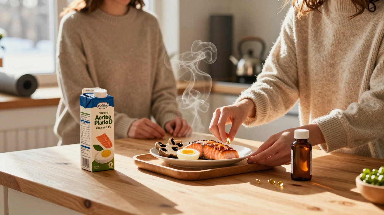 Duas mulheres numa cozinha com um prato de salmão fumegante, ovo e cogumelos, suplemento e cartonado de bebida.