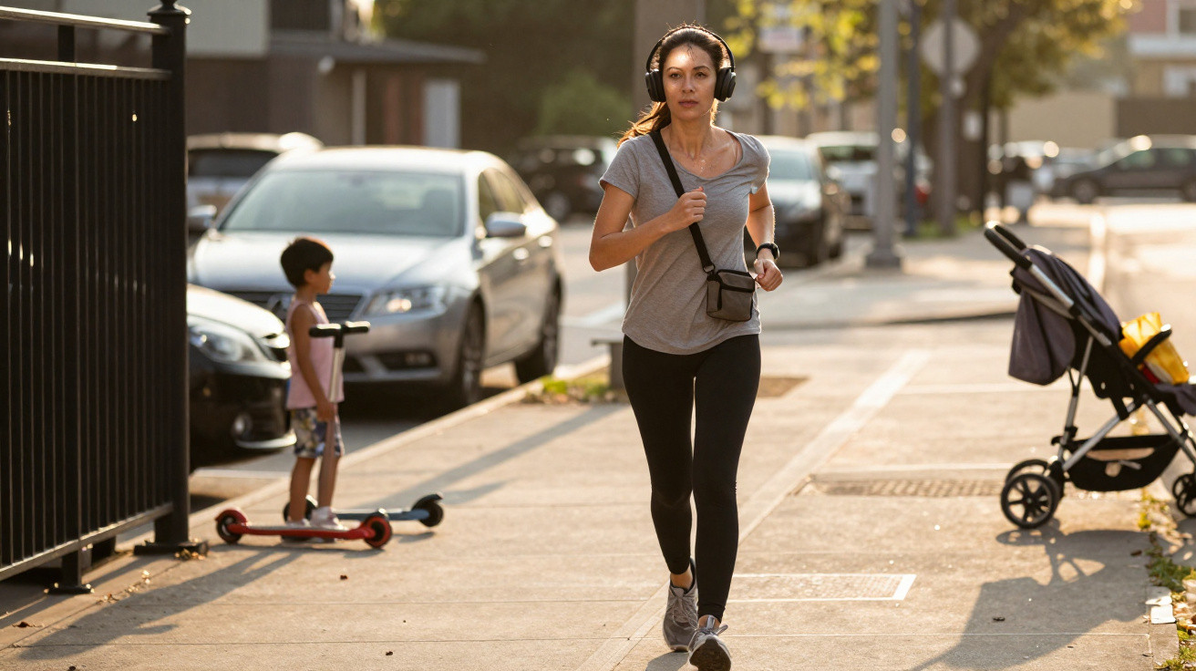 Mulher a correr com auscultadores num passeio urbano, menino com trotinete e carrinho de bebé ao fundo.