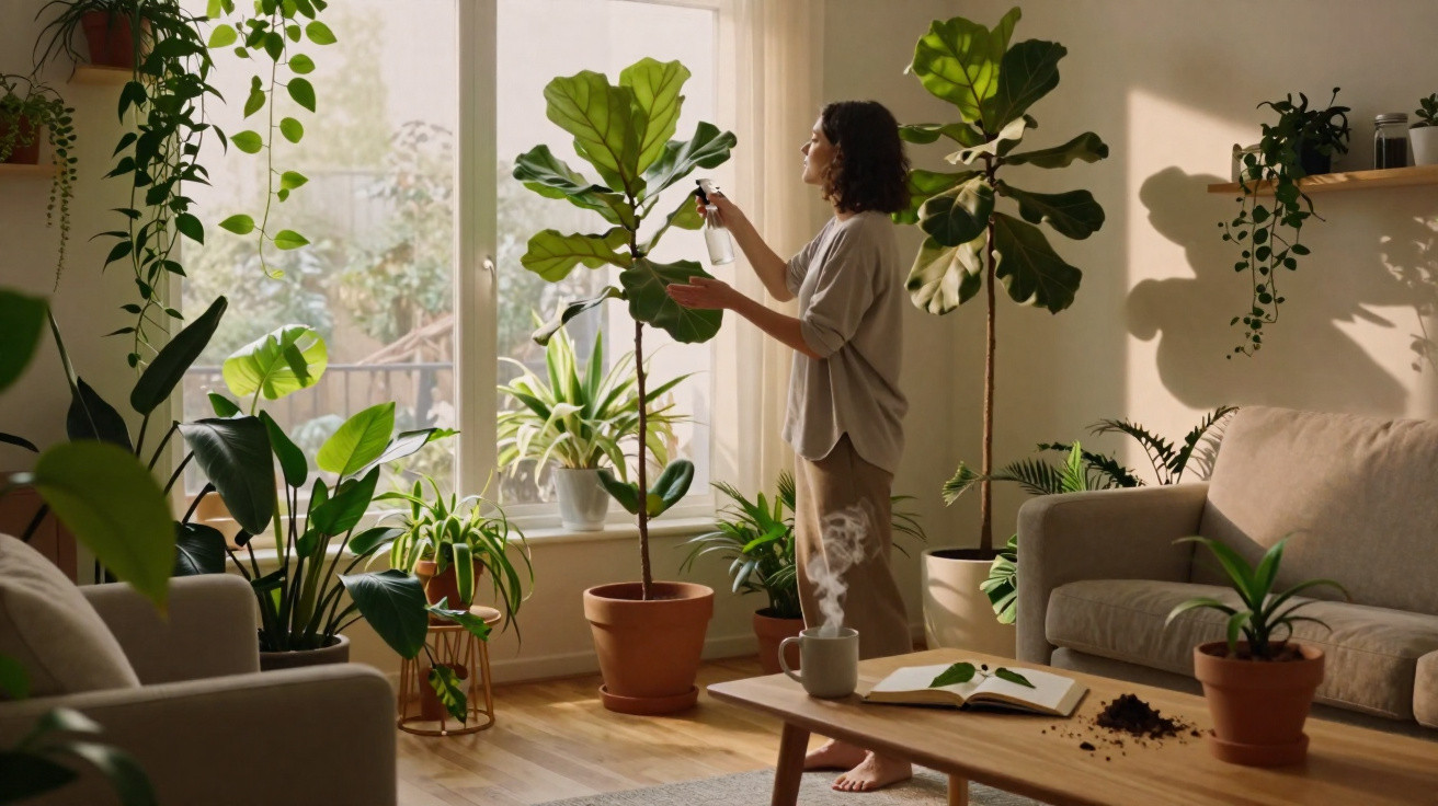 Mulher rega plantas domésticas junto a janela numa sala luminosa e aconchegante.
