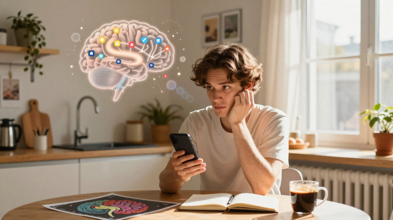 Jovem sentado à mesa, a usar telemóvel, com imagem digital de cérebro e ícones de redes sociais ao lado.