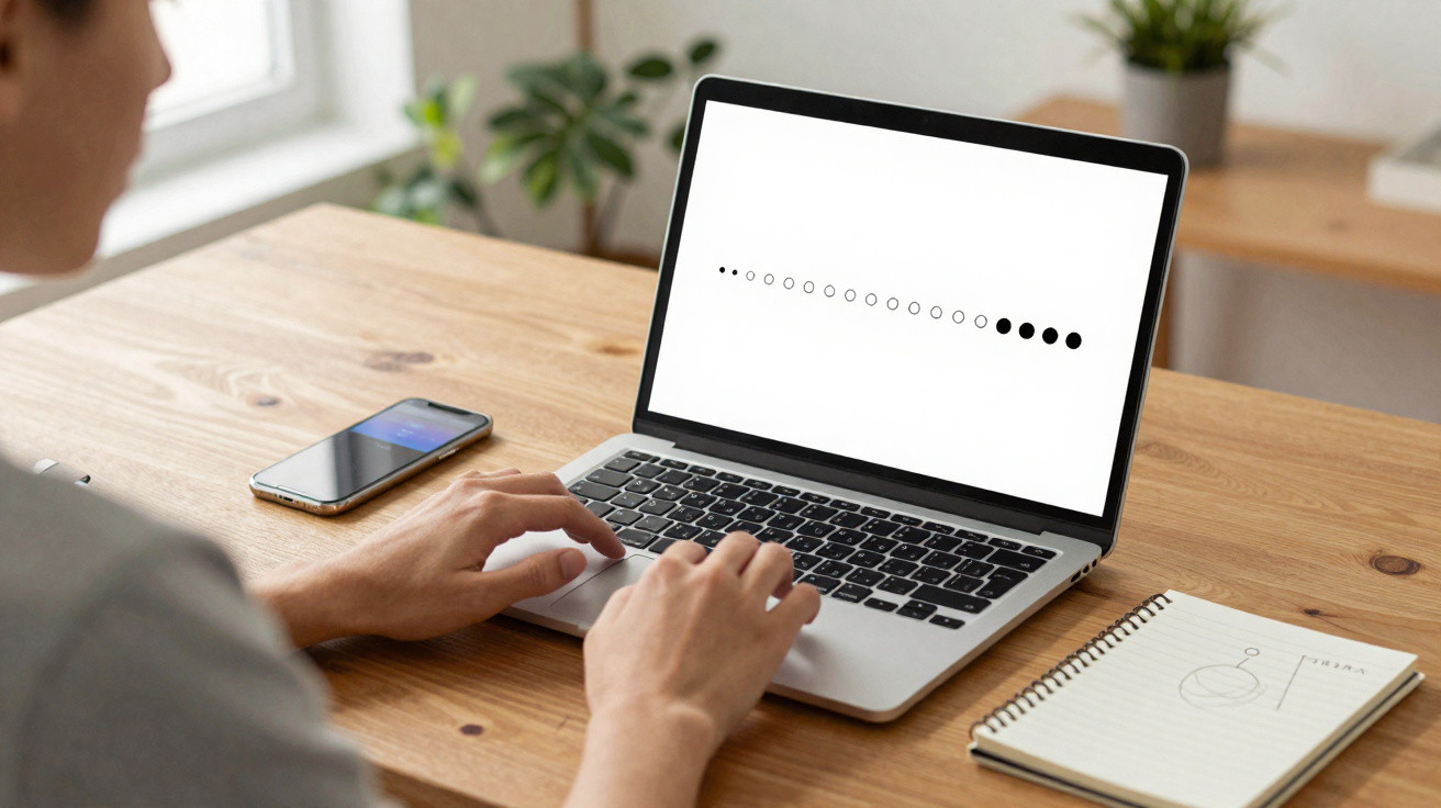 Pessoa a usar computador portátil com gráfico de círculos na ecrã, telefone e caderno numa mesa de madeira.