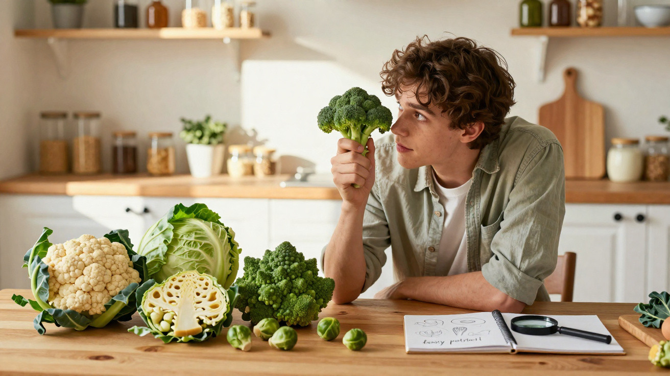 Homem sentado à mesa na cozinha a observar um ramo de brócolos, com diferentes couves e caderno à sua frente.