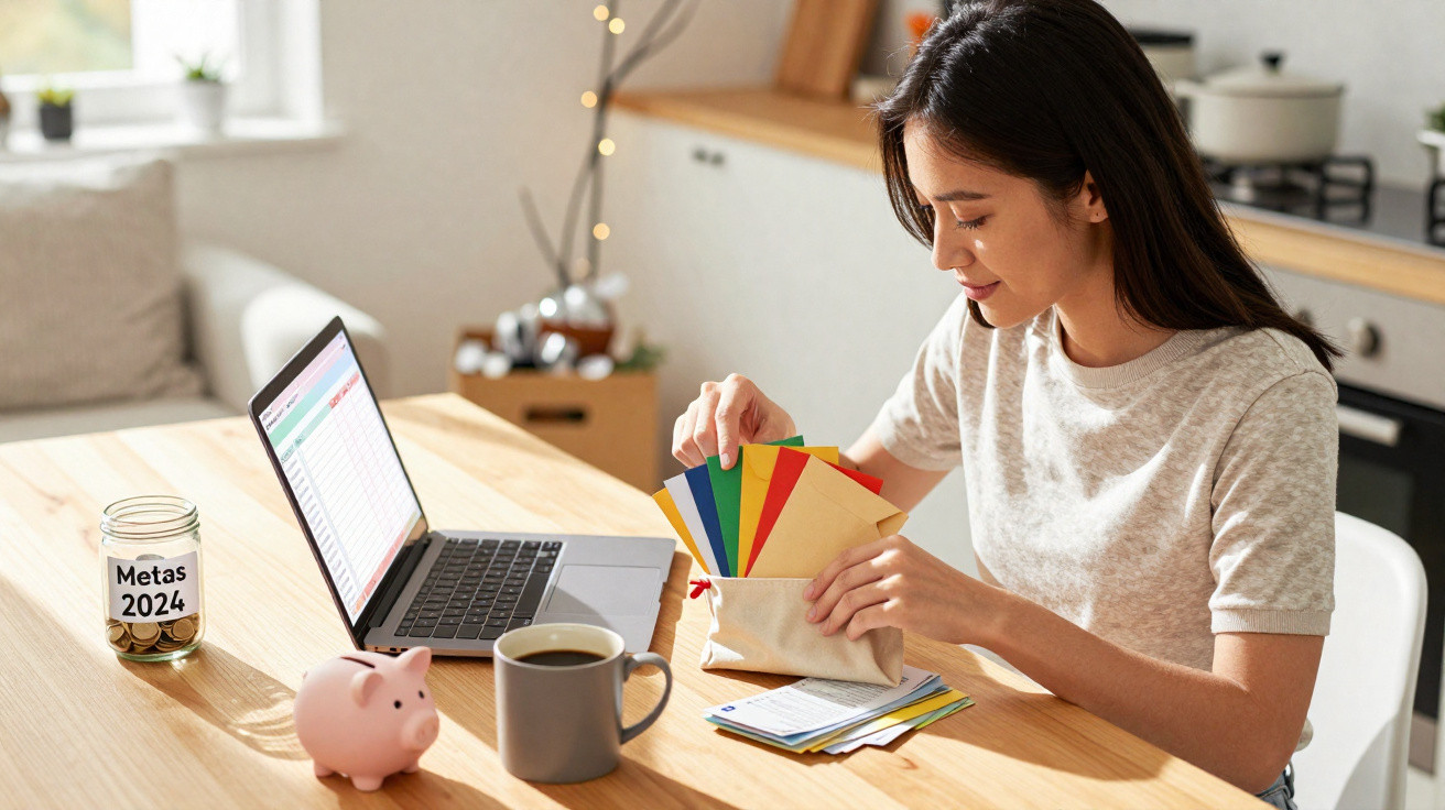 Mulher sentada à mesa a organizar cartões coloridos com computador, mealheiro e café à frente.