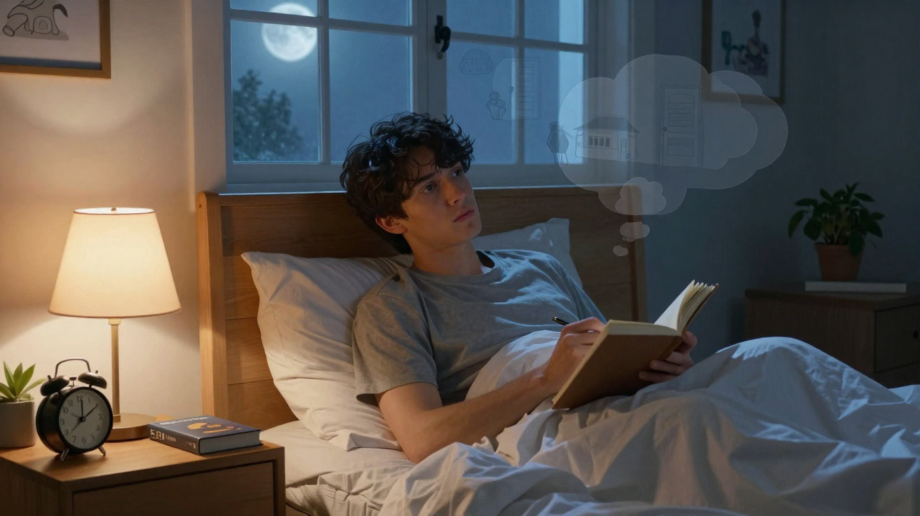 Jovem deitado na cama a escrever num caderno à noite, com lua visível pela janela aberta.