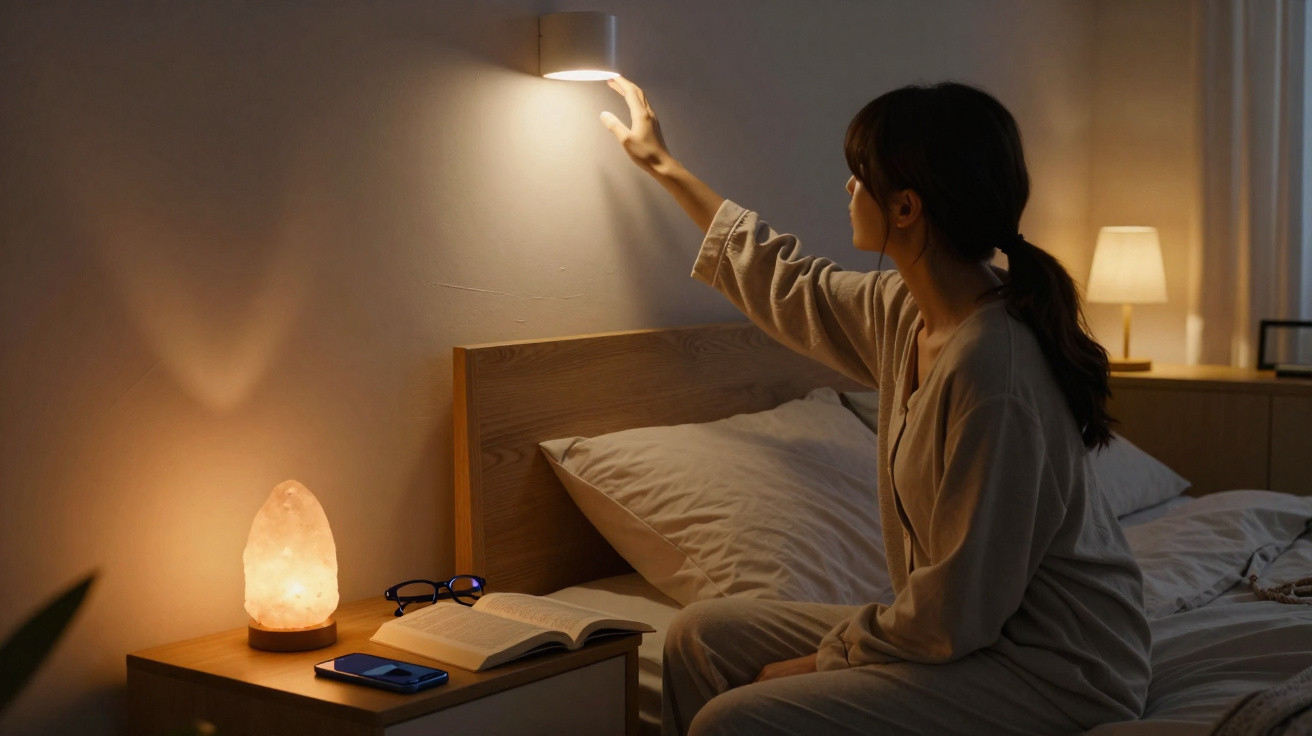 Mulher sentada na cama a apagar ou acender luz de parede num quarto com iluminação suave.
