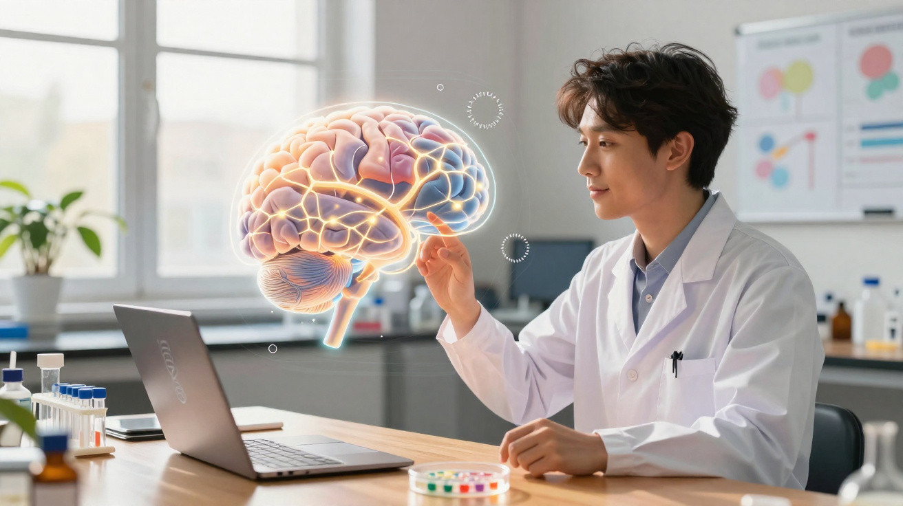 Cientista em laboratório interagindo com imagem holográfica de cérebro humano digitalizado.