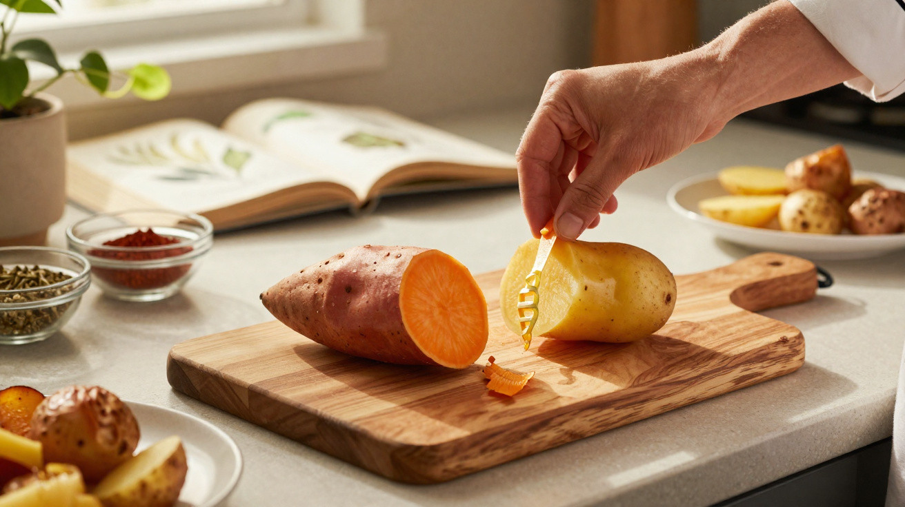 Mão a descascar uma batata amarela ao lado de uma batata-doce cortada numa tábua de madeira.