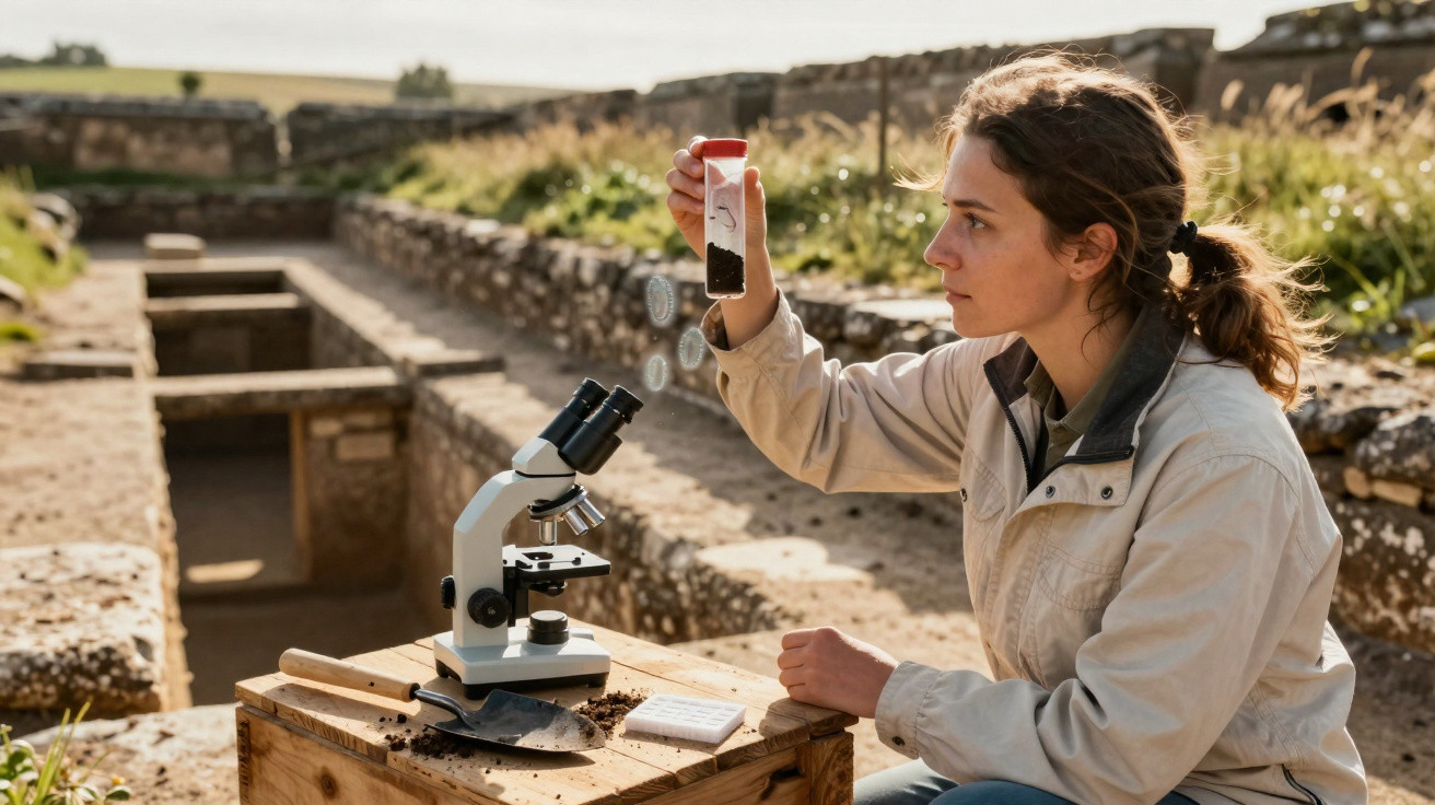 Mulher arqueóloga analisa amostra de terra num tubo de ensaio junto a microscópio em escavação arqueológica ao ar livre.