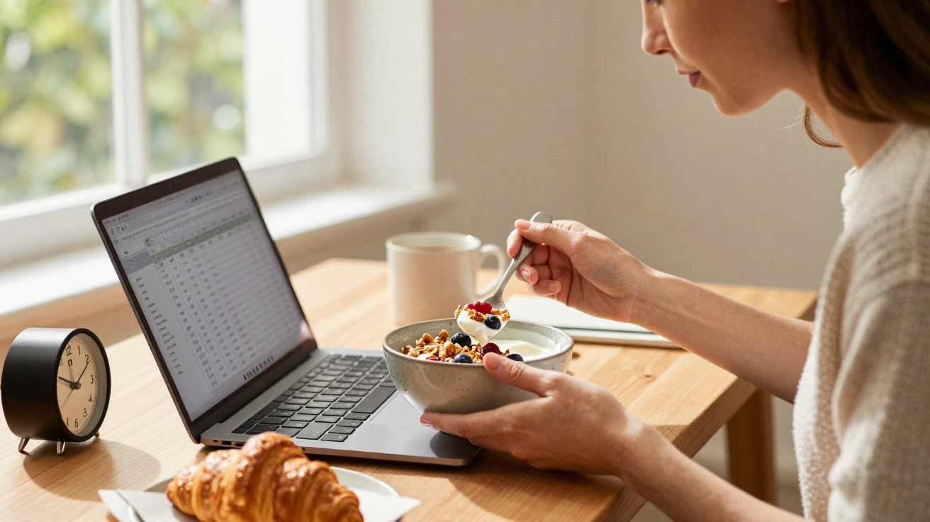 Mulher a comer taça de iogurte e granola junto a computador portátil numa mesa com croissant e relógio.