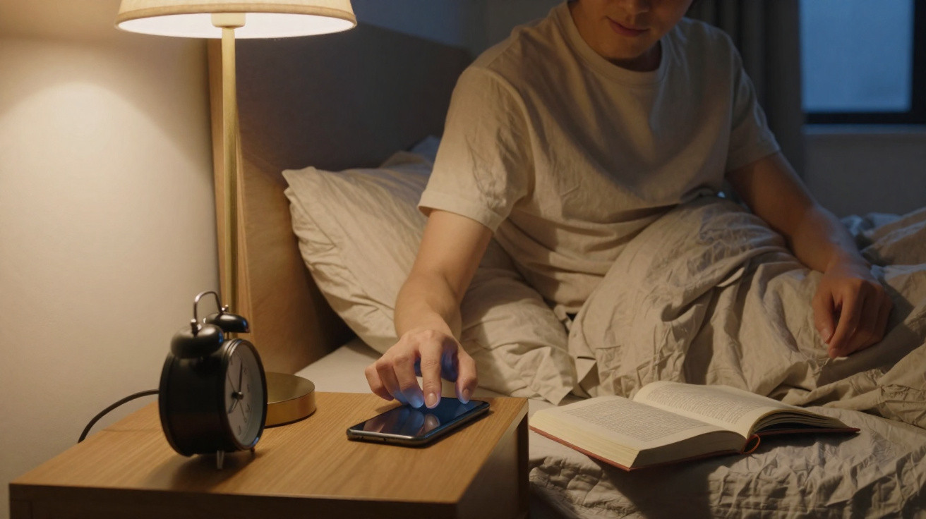Pessoa de pijama sentada na cama a usar telemóvel junto a um livro aberto e um despertador numa mesa de cabeceira.