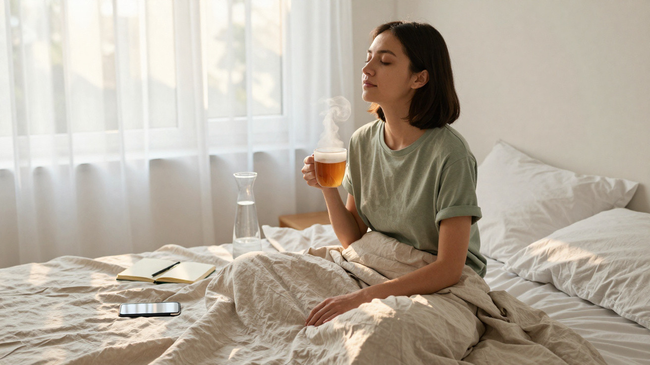 Mulher sentada na cama, a beber chá fumegante, com olhos fechados num quarto iluminado e sereno.